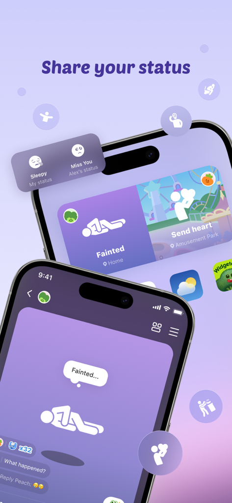 친구와 커플을 위한 기절 및 졸음 아이콘을 포함한 Widgetable 상태 위젯을 표시하는 아이폰 화면