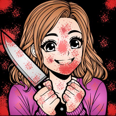 a realistic girl holding a knife and grinning