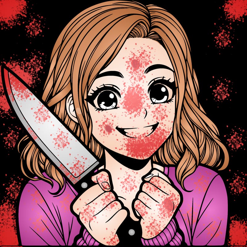 a realistic girl holding a knife and grinning