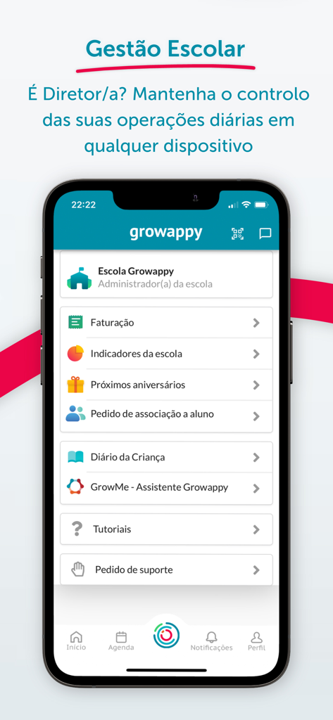 Growappy - Interfaz de la aplicación Growappy para la gestión escolar que muestra herramientas administrativas como facturación y métricas de estudiantes