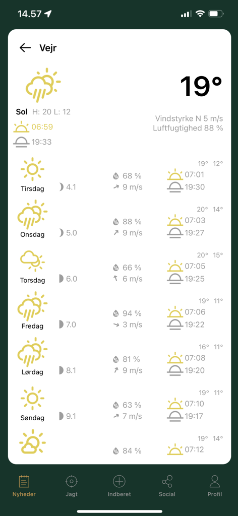 Pantalla de pronóstico del tiempo de la aplicación de caza Jäger mostrando temperaturas diarias y condiciones del viento.