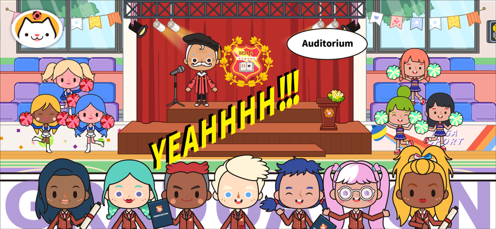Miga Town: My School - Students and cheerleaders celebrating a graduation ceremony in the school auditorium