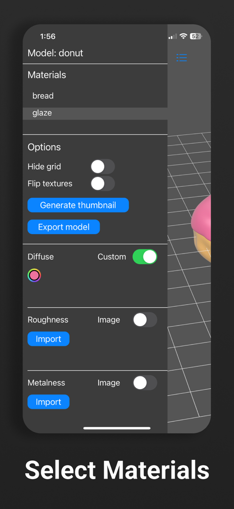 Material selection and editing interface in the Reality OBJ USDZ Converter app