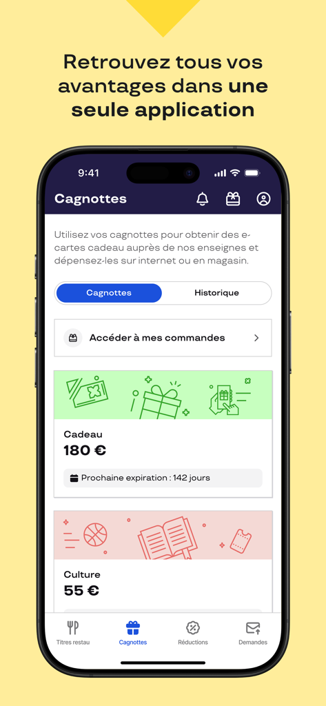 Pluxee Cadeaux - Pluxee Cadeaux mobile app interface showing employee benefit balances for gift and culture categories