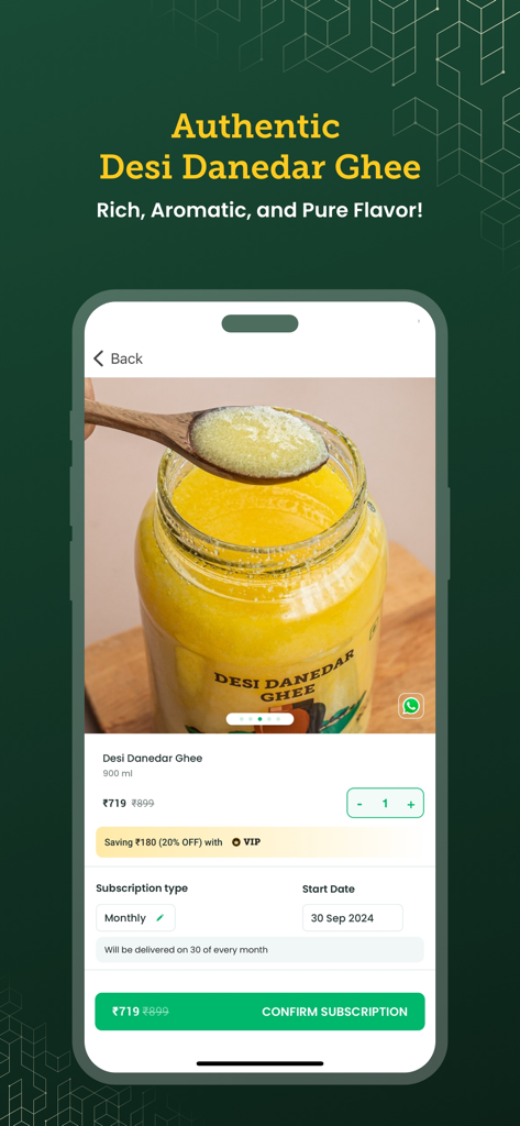 Product page for Desi Danedar Ghee on the Country Delight mobile app