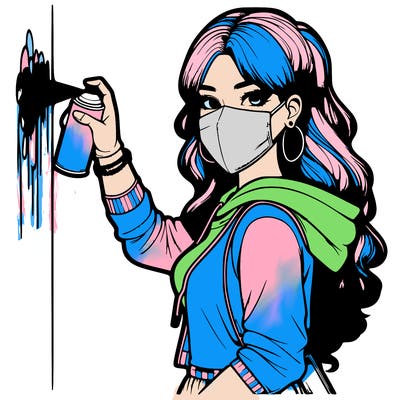 realistic girl with mask spray painting a wall