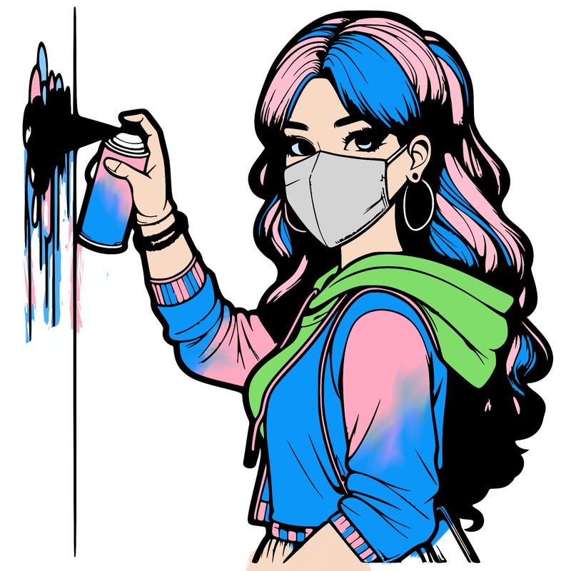 realistic girl with mask spray painting a wall