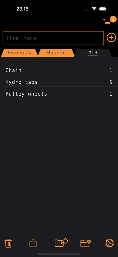 Dosmo - Dosmo app screen showing a shopping list with multiple tabs in dark mode