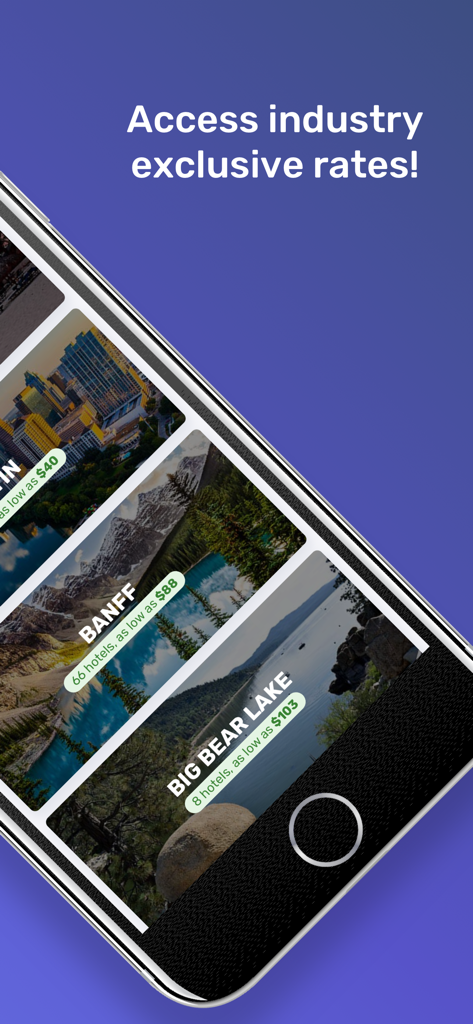 ID90 Travel app screen showing exclusive hotel deals for travel industry professionals