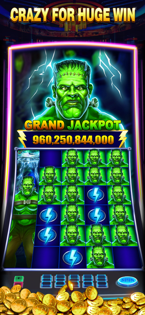 Máquina tragaperras temática de Frankenstein en la aplicación Slots Riches con una pantalla de gran bote y monedas de oro