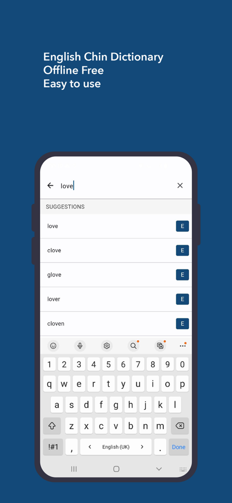 Search screen of the English Chin Hakha Dictionary app showing word suggestions