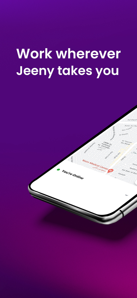 Jeeny - Drive and earn money - A smartphone showing the Jeeny driver app interface with a map and an online status message on a purple background.