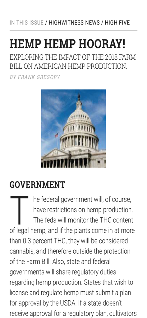 A digital magazine article in the High Times app about the 2018 Farm Bill and its impact on American hemp production.