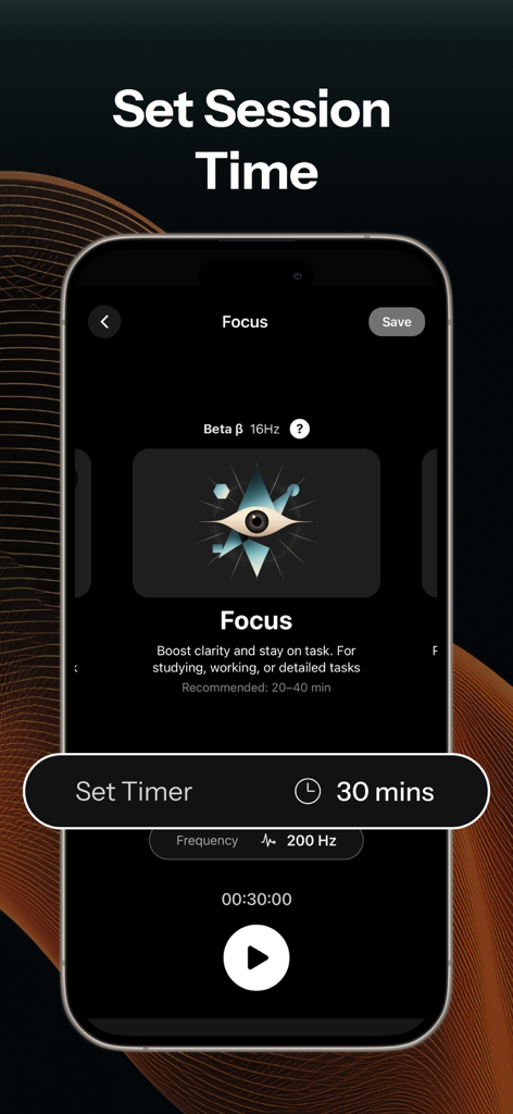 Pantalla de smartphone que muestra el temporizador de sesión de la aplicación Binaura para el modo de enfoque utilizando ondas Beta