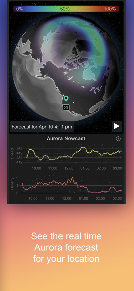 Astrospheric - Astrospheric app screen showing a real time aurora forecast map and nowcast graphs