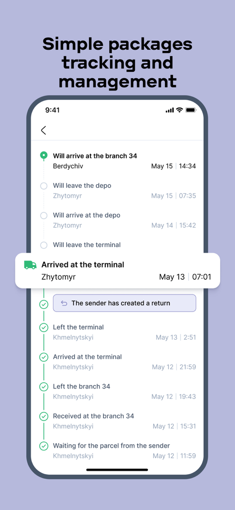 Nova Post - A smartphone screen displaying the Nova Post app's detailed tracking timeline for a package delivery.