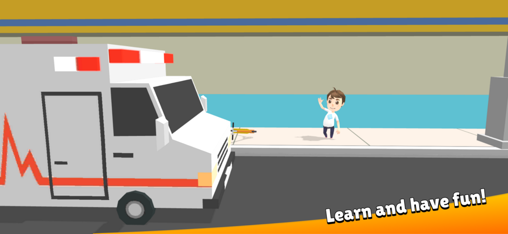 City Patrol: Rescue Vehicles - An ambulance vehicle in a 2.5D city setting with a child character waving on the sidewalk
