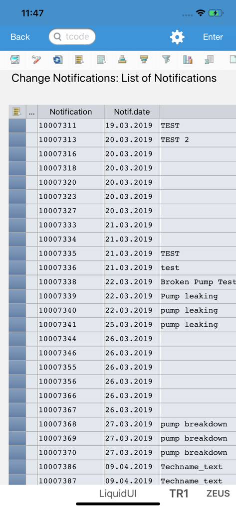 Liquid UI Client for SAP - Mobile screen of Liquid UI app displaying a list of SAP change notifications with dates and technical descriptions like pump leaking