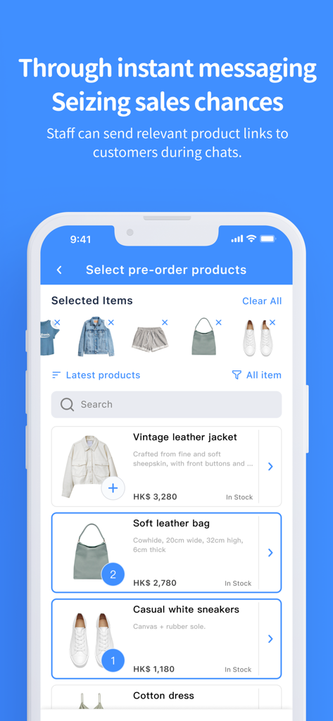 Omnichat - Interface do aplicativo Omnichat mostrando como a equipe pode selecionar links de produtos para enviar aos clientes durante uma sessão de mensagens instantâneas.