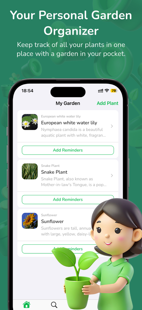 Planty | Plant Finder,Plant ID - Planty app screen showing a personal garden organizer with a list of plants and care reminders