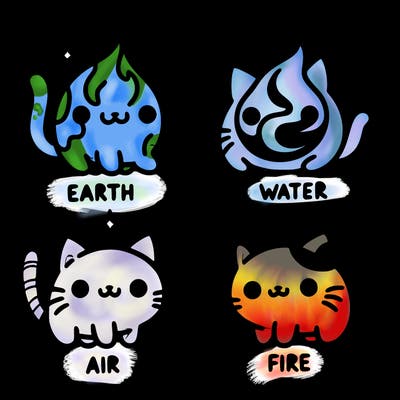 4 cats that represent the different elements, earth, water, air, and fire