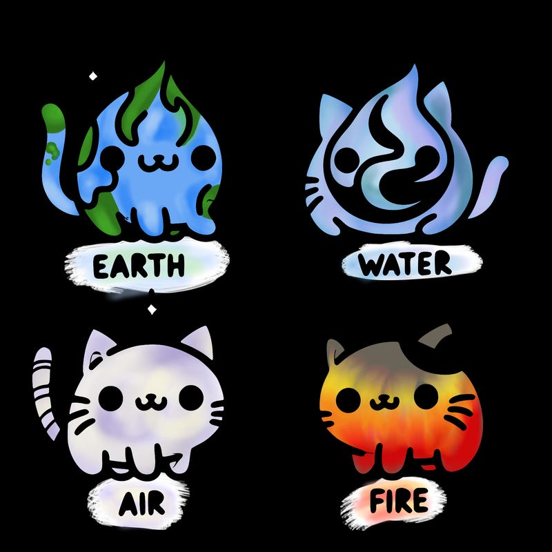 4 cats that represent the different elements, earth, water, air, and fire