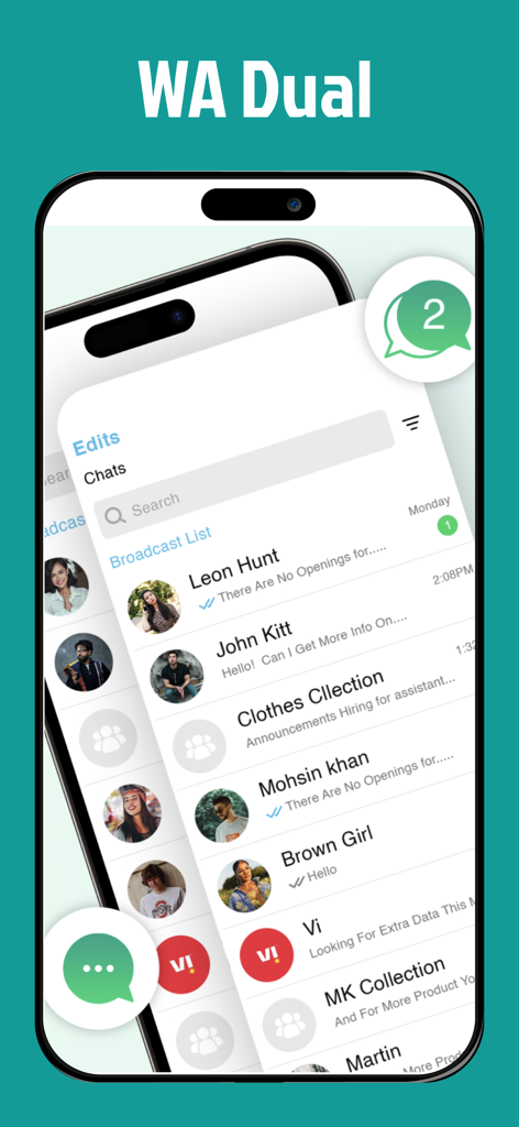 Direct Message : GB Tools WA - Interface of the WA Dual feature showing a chat list for managing dual messaging accounts