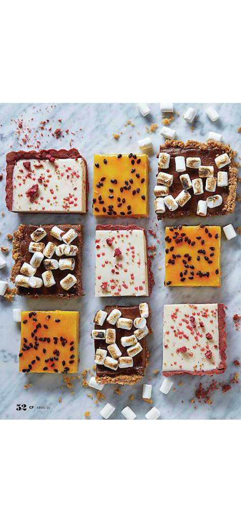 Cocina Fácil - A top-down view of nine dessert squares including chocolate with marshmallows, passion fruit, and cream with red berries