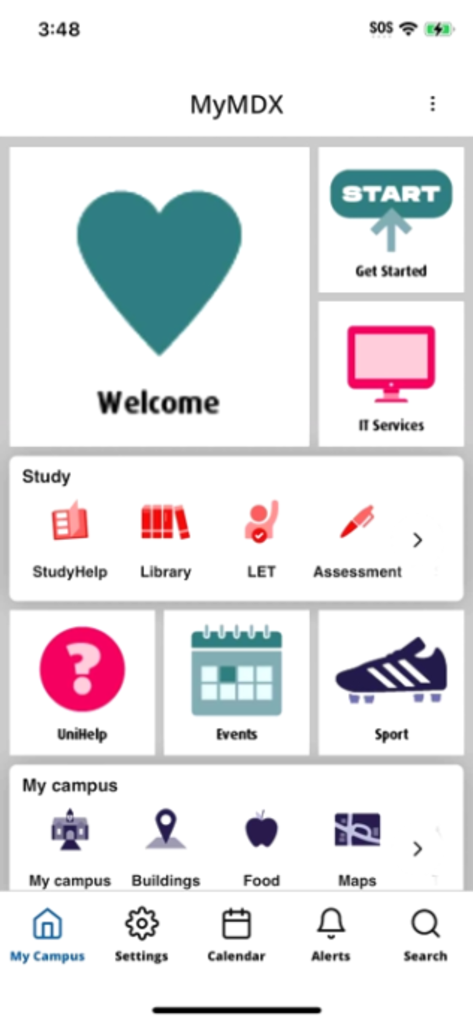 Home screen of the MyMDX student app displaying tiles for library study help events and campus maps