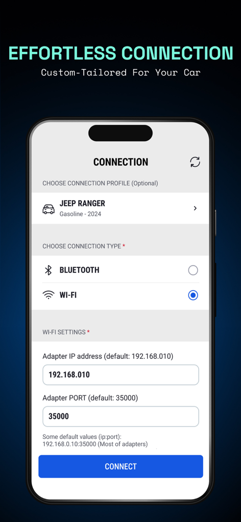 OBD2 Scanner: Torque ELM 327 - OBD2 Scanner app connection interface showing Bluetooth and Wi-Fi setup options for car diagnostics.