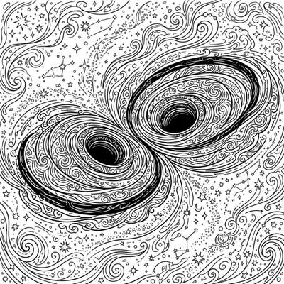 Explore the dramatic beauty of the cosmos with this unique gothic black hole mergers coloring page. Delve into a world of intricate patterns and celestial mysteries awaiting your creative touch.