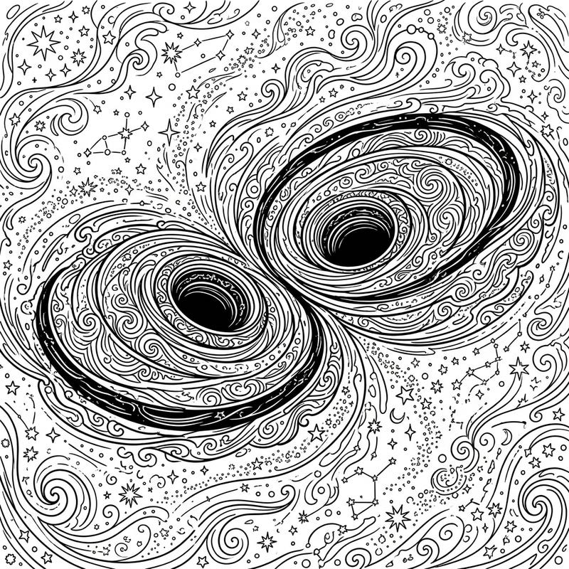 Explore the dramatic beauty of the cosmos with this unique gothic black hole mergers coloring page. Delve into a world of intricate patterns and celestial mysteries awaiting your creative touch.