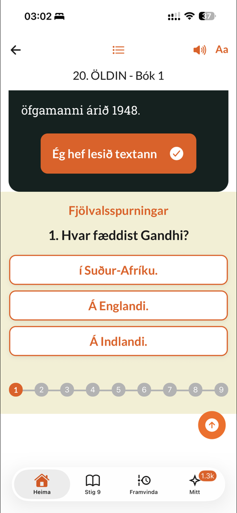 Heimalestur - Isländisches Leseverständnis-Quiz über Gandhi in der Heimalestur-App