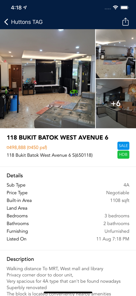 Huttons Link Up - A detailed property listing view in the Huttons Link Up app featuring photos and specifications of an apartment.