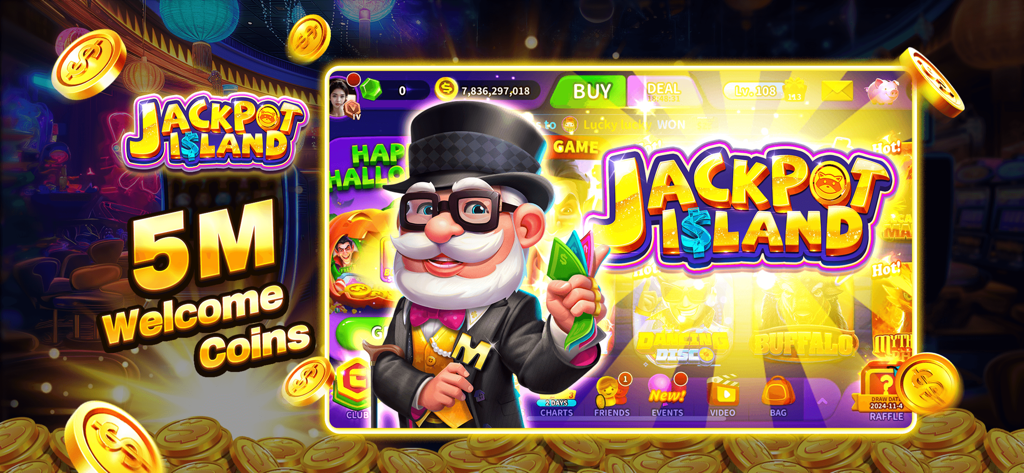 Jackpot Island - Slot Machines - Jackpot Island Slot Machines app interface featuring 5M welcome coins and mascot character