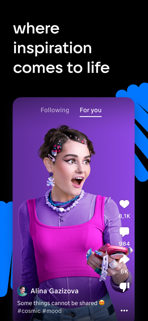 VK Clips App-Oberfläche, die ein kreatives Kurzvideo im 'Für dich'-Feed zeigt