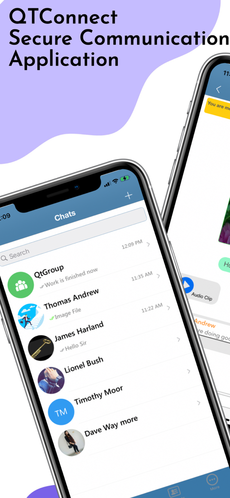 QTConnect - Interface of the QTConnect secure communication app showing a list of encrypted chat conversations