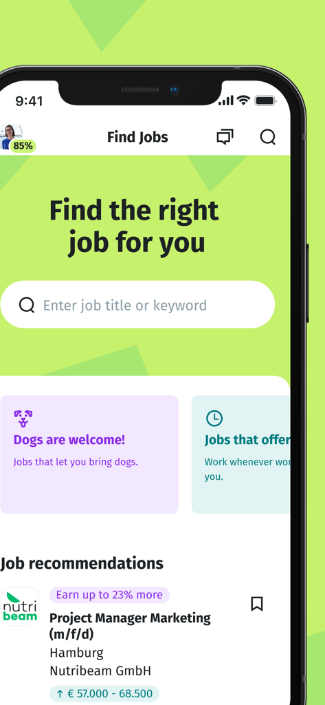 Interface de l'application XING montrant l'écran Trouver des emplois avec une barre de recherche et des recommandations d'emploi