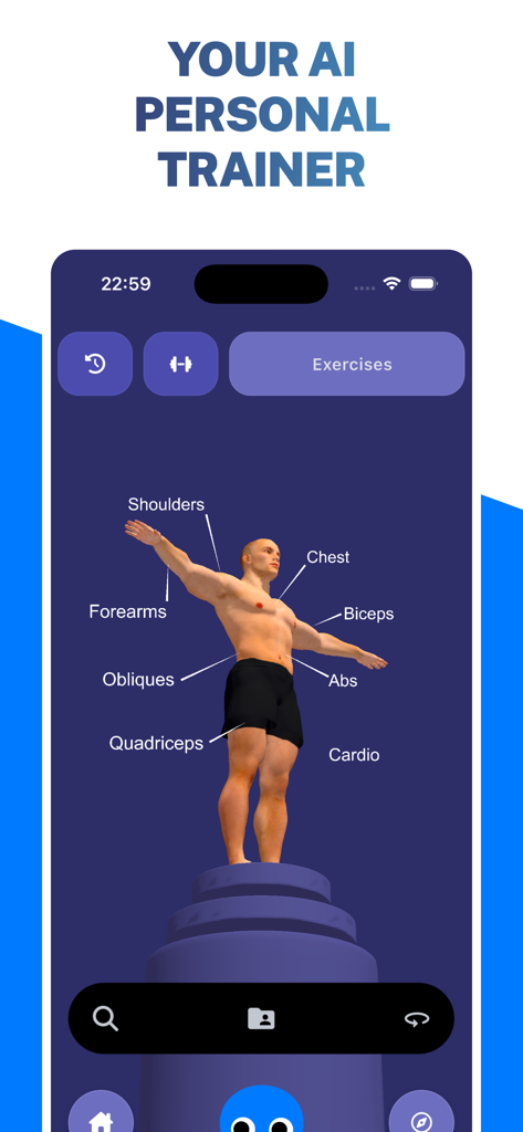 GymStreak AI personal trainer interface showing a 3D muscle map for targeted exercises