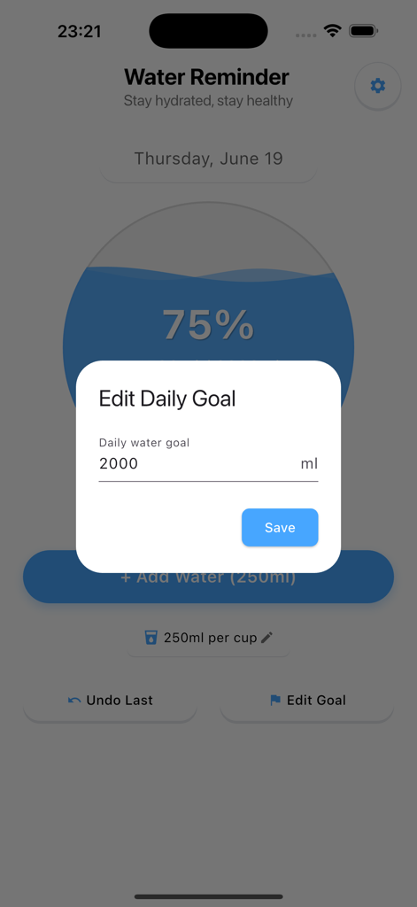 Waterry - Water Reminder - Pantalla que muestra una ventana emergente para editar el objetivo diario de ingesta de agua en mililitros.