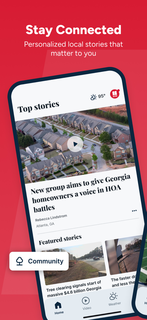 The 11Alive Atlanta news app interface showing personalized top stories and local community news