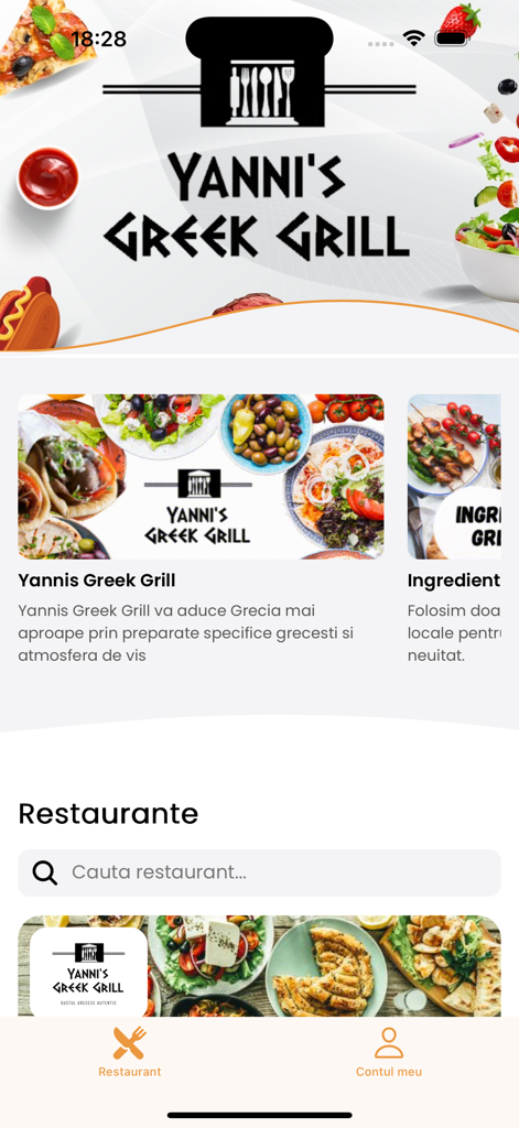 Yanni's Delivery - Home screen of the Yanni's Greek Grill delivery app showing restaurant listings and a search bar