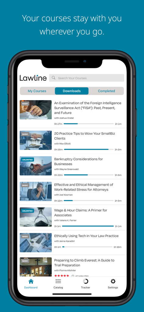 Lawline CLE - Screenshot of the Lawline CLE mobile app showing a list of downloaded legal education courses for offline access.