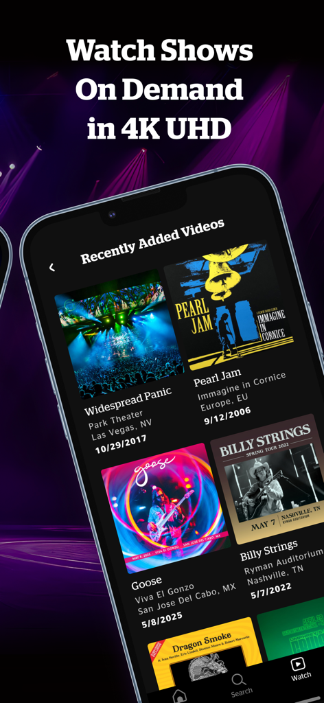 nugs: Live Music Lives Here - The nugs app interface showing a selection of on-demand concert videos available in 4K UHD from artists like Pearl Jam and Billy Strings.