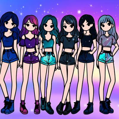 a group of girls wearing crop tops and shorts