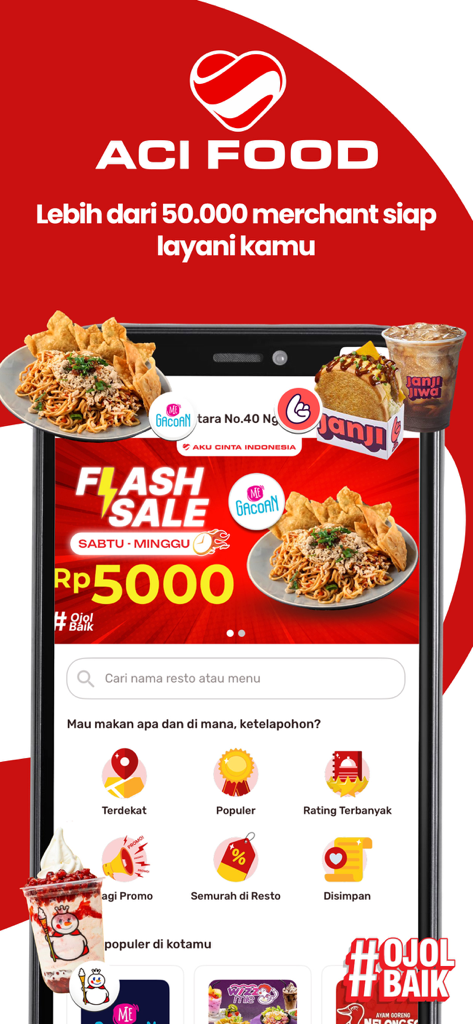 ACI Food delivery app interface featuring flash sale banner and various Indonesian food merchants