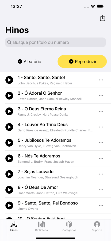 Novo Hinário Adventista - Lista pesquisável de hinos com botões de reprodução no aplicativo Novo Hinario Adventista
