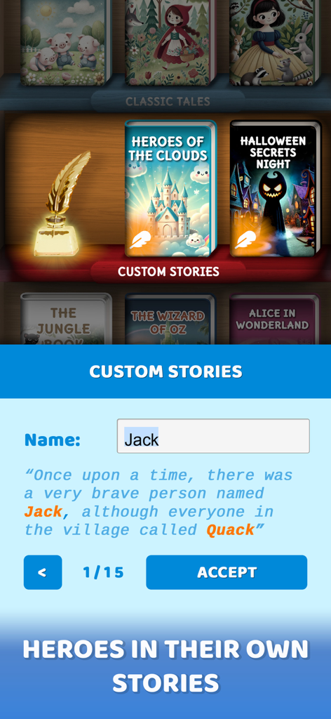 Interface of the Learn to Read app showing how to personalize stories by entering a child's name
