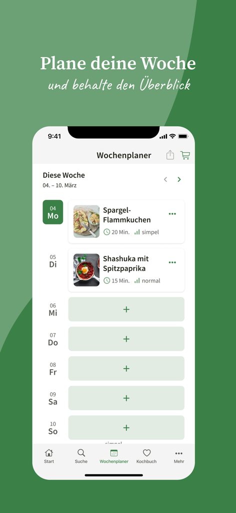 Chefkoch – Rezepte & Kochen - Écran du planificateur de repas hebdomadaire de l'application Chefkoch avec les recettes planifiées et la vue journalière