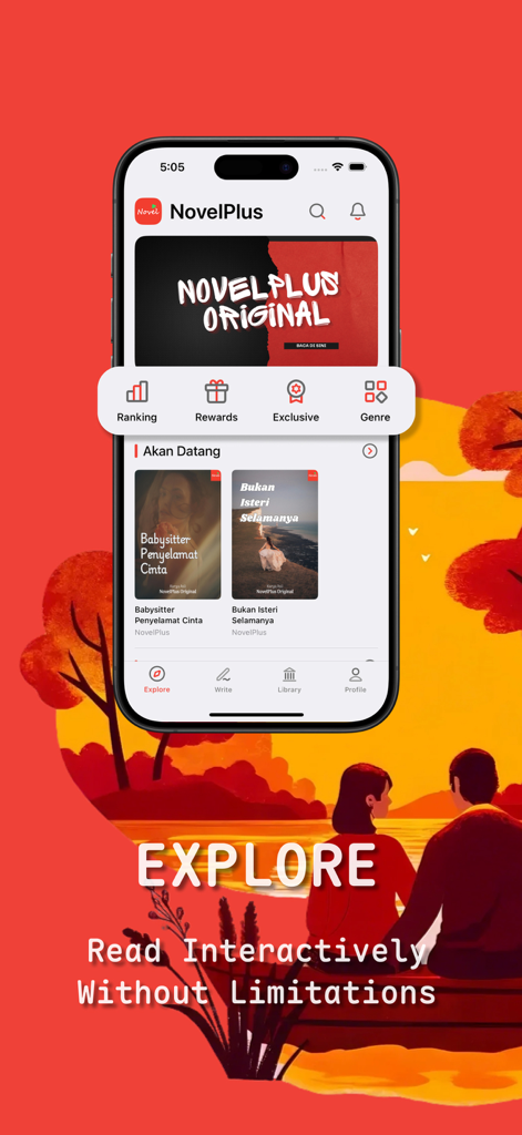 NovelPlus mobile app interface showing the explore screen with original novels and category navigation